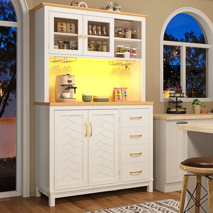 EINHOM Seitenboard / Aufbewahrungsschrank / Küchenschrank / Buffetschrank, 105.5 x 40 x 180 cm, Landhausstil, 4 Türen, mit LED-Lichtleiste & Getränkehaltern, Grün/Schwarz/Weiß, Weiß – Bild 4