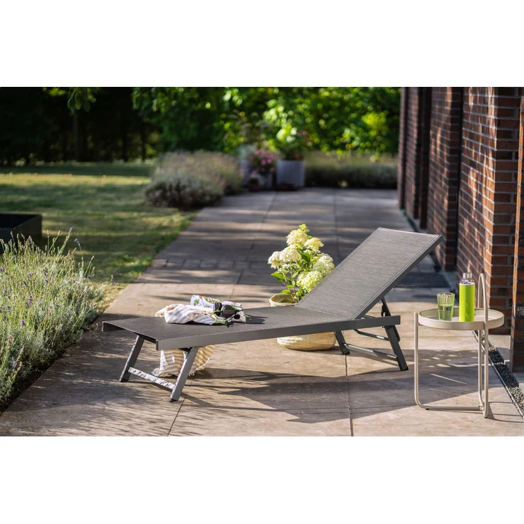 LECO Sonnenliege ELINA, Füße klappbar, 5-fach verstellbare Rückenlehne, Aluminiumgestell anthrazit, Kunststoffgewebe anthrazit, 192x60x96 cm – Bild 6