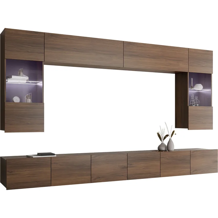 Wohnwand Calabrini I (Farbe: Nuss Warmia, mit blauer LED Beleuchtung)