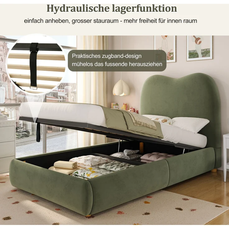 Kinder-Polsterbett aus Samt mit hydraulischem Stauraum, 90x200 cm, Grün, ohne Matratze – Bild 9