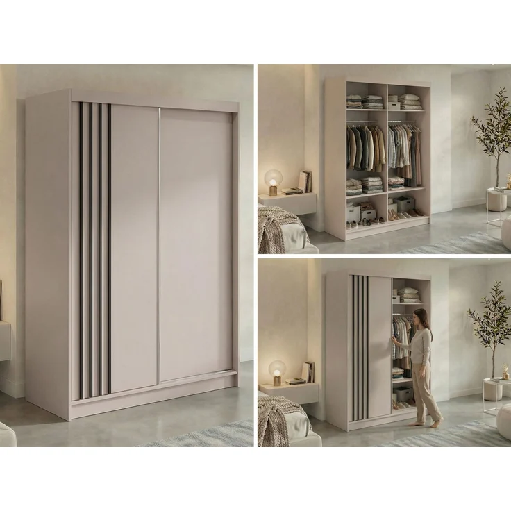 Schwebetürenschrank NAURU mit Lamellen-Optik, moderner Kleiderschrank, Breite 150 cm, inkl. Innenausstattung & Stauraum, Akustikpaneel-Design - Kaschmir und Schwarz – Bild 2