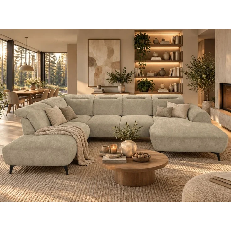 Wohnlandschaft Sofa U-Form ALETTE in Stoff Doha Hellbraun Lange Schenkel Links – Bild 1