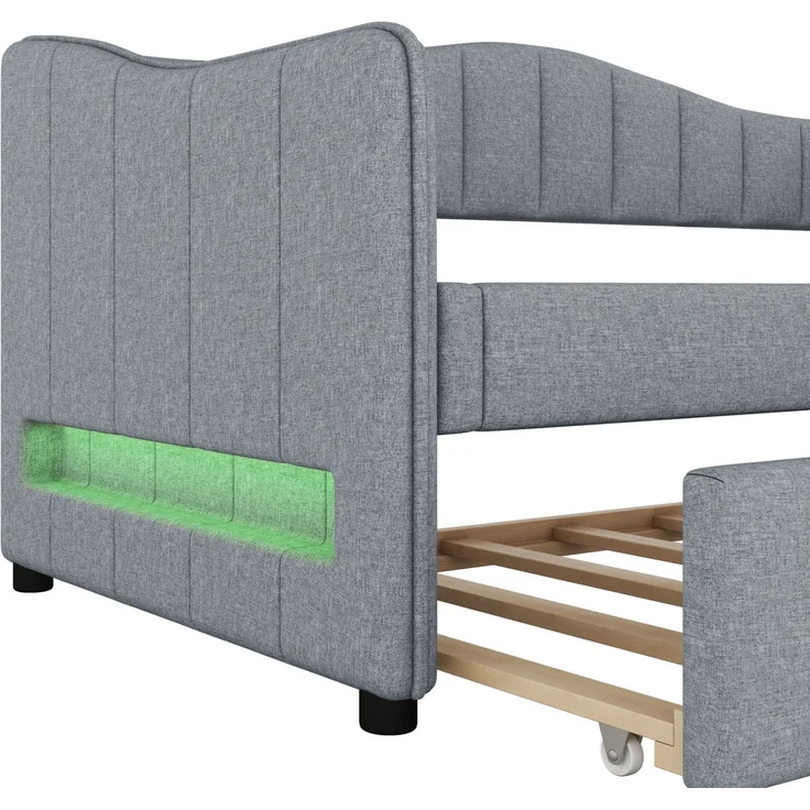 Daybett 90x200 cm mit ausziehbarem Rollbett, LED-Beleuchtung und Leinenbezug in Grau – Bild 10