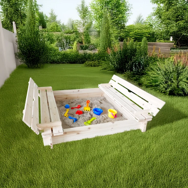 HABAU Sandkasten mit Deckel und Bank, unbehandeltes Holz Natur, 120 x 120 cm – Bild 5