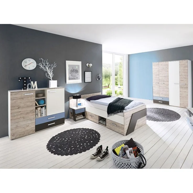 Jugendzimmer Set 4-teilig LEEDS-10 in Sandeiche Nb. mit weiß, Lava und Denim Blau – Bild 1
