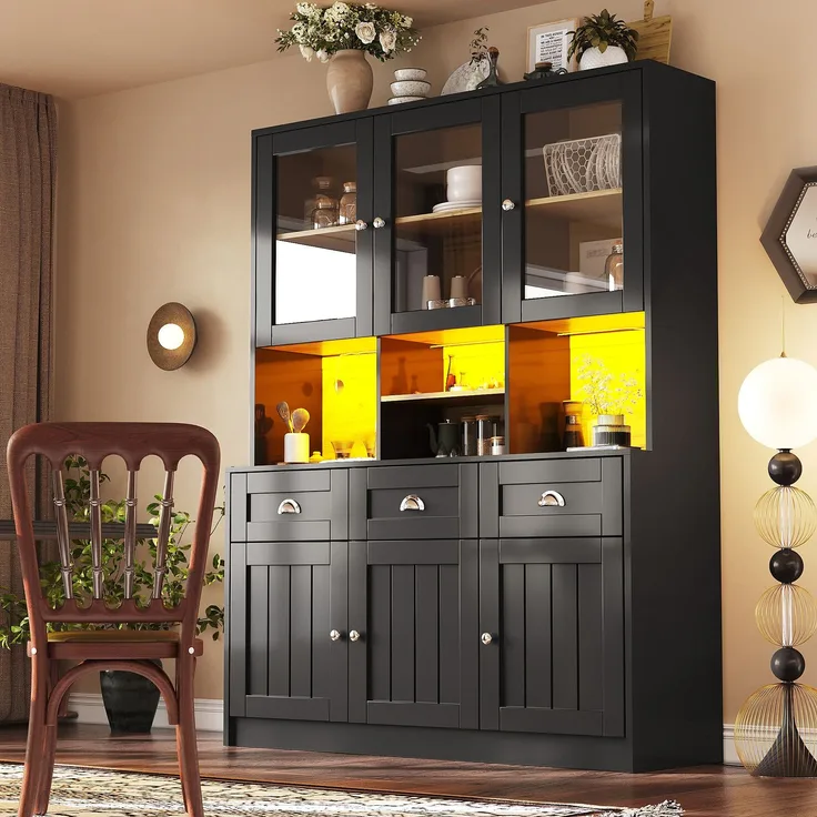 Küchenschrank(140×40×175cm), Hochschrank Küchenbuffet, Vitrinenschrank, Buffetschrank mit Verstellbaren Ablagen, Sideboard mit LED-Beleuchtung,Variable Lichtfarben, Weiß/Schwarz--Schwarz--140x40x175cm--YOUDENOVA
