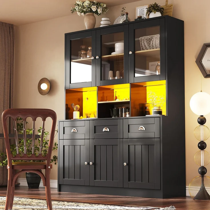 Küchenschrank(140×40×175cm), Hochschrank Küchenbuffet, Vitrinenschrank, Buffetschrank mit Verstellbaren Ablagen, Sideboard mit LED-Beleuchtung,Variable Lichtfarben, Weiß/Schwarz--Schwarz--140x40x175cm--YOUDENOVA – Bild 1