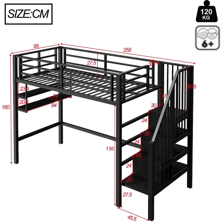Bett 90x200 cm Hochbett mit Stauraumleiter und Einlegeböden – platzsparendes Kinderhochbett in Schwarz – Bild 10