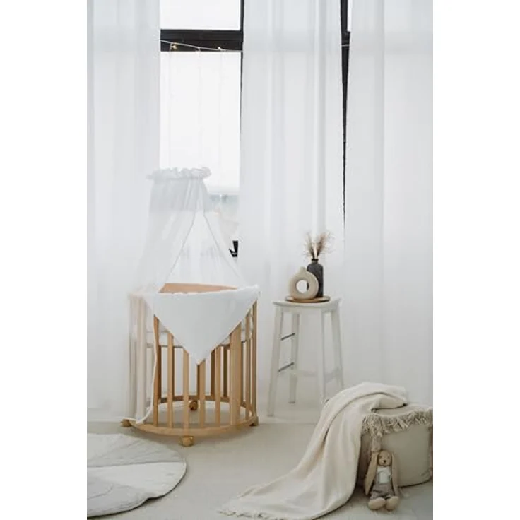 Waldin Oval Babybett Mitwachsend Komplett Set 7in1 - Baby Gitterbett mit Matratze - Babybetten mit Wickelkommode - Baby Bett mit Rollen - Mitwachsendes Kinderbett - Baby Bed - Beistellbett Holz – Bild 7