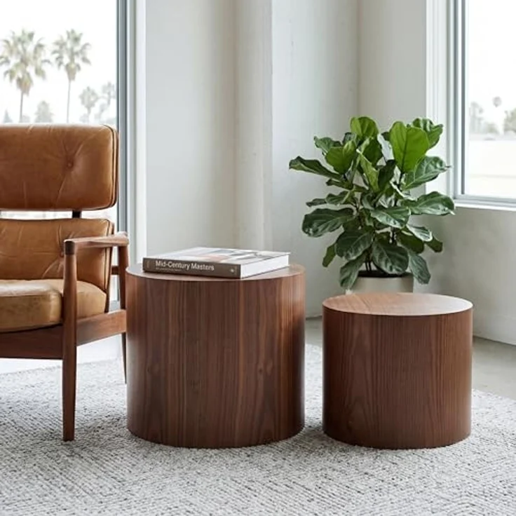 Set of 2 Nesting Round End Tables, Modern Walnut Veneer Cylinder Side Tables, Stackable Accent Coffee Tables for Living Room, Bedroom, Small Space – Bild 7