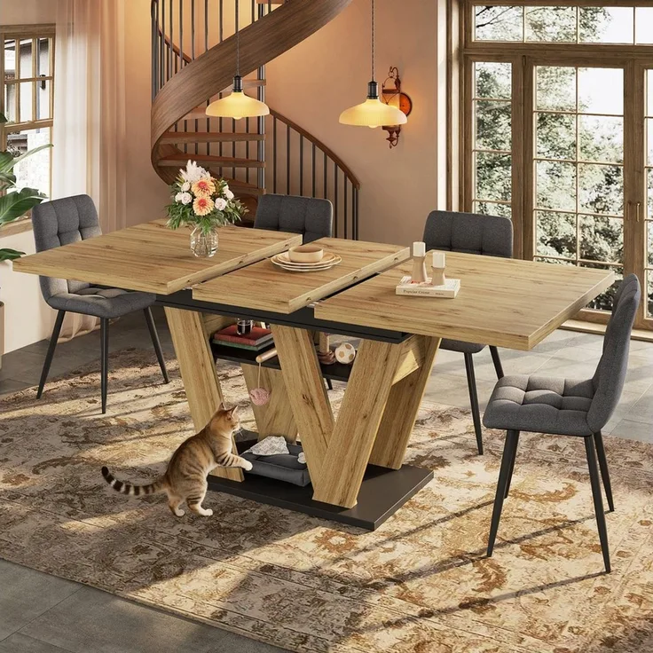 HAUSS SPOLE Esstisch mit Ablagefach,Küchentisch Ausziehtisch mit W-förmigen Beinen,Holz (Flexibler Teleskoptisch mit Stauraum, W-förmige Beine, 1-St, 119-158,5×80cm), Esstisch Teleskoptisch