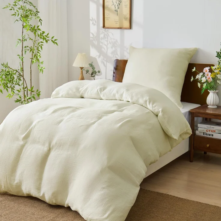 BEDELITE Musselin Bettwäsche 135x200 Baumwolle - Bettwäsche-Sets Sommer Creme 2teilig mit Reißverschluss, Bettbezug 135x200 cm mit Kissenbezug 80x80 cm, weiche und atmungsaktiv