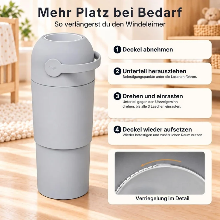 Set Magic Windeleimer, Abfalleimer mit Geruchsstopp, ohne Kassette + Windel | Hygienischer Mülleimer Geruchsdicht für Windeln ohne Kassette, Hygieneeimer für Windelentsorgung, Bad, Kinderzimmer, Küche – Bild 8