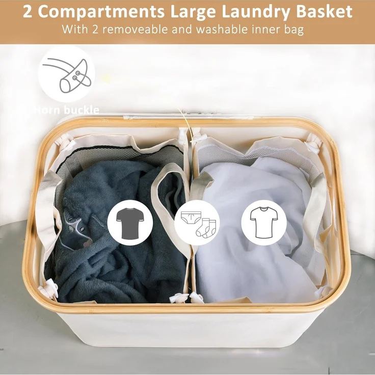 Wäschekorb 150L XL 2 Fächer Bambusgriff Deckel Beige Laundry Baskets – Bild 3