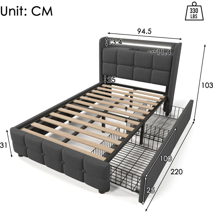 Einzelbett 90 × 200 cm mit Steckdosen,USB-Anschlüssen und LED-Beleuchtung,2 Schubladen,Leinenbezug in Grau – Bild 7