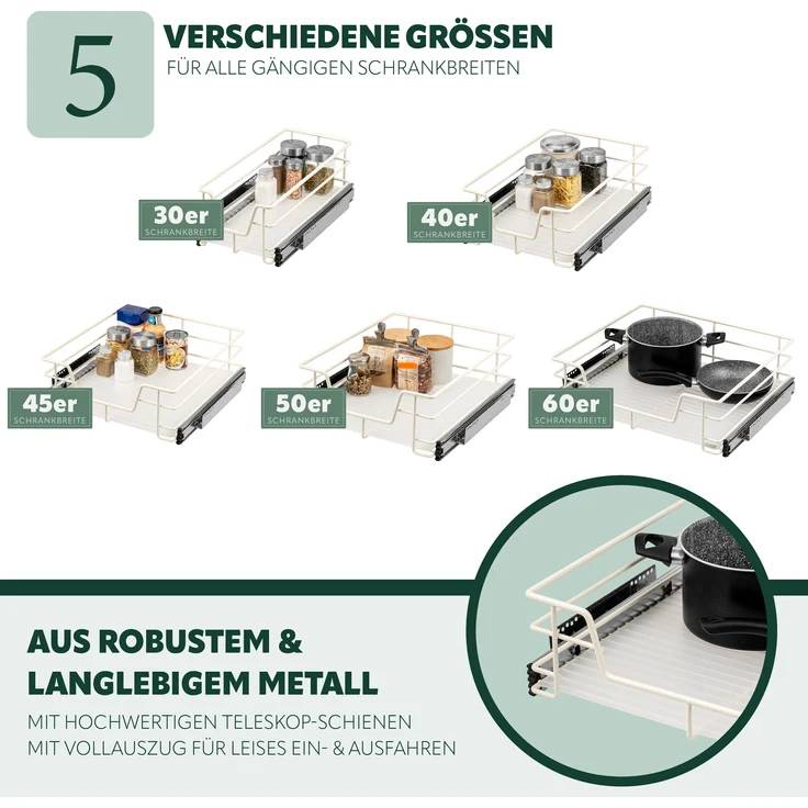 Teleskopschubladen 2er Set - für 30 cm Schrank mit Einlegeboden, aus Metall, (Cremeweiß) – Bild 5