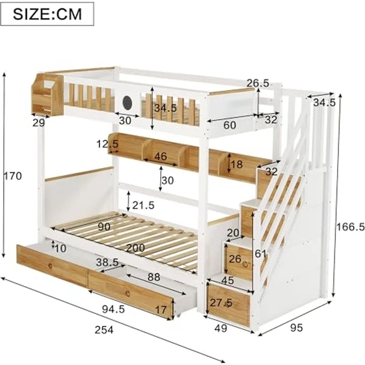 Ball & Cast Hochbett (90x200cm) Kinderbett mit 4 Spinden in der Treppe, Einzelbett mit Geländer und 2 Schubladen, Weiß+Natur – Bild 2