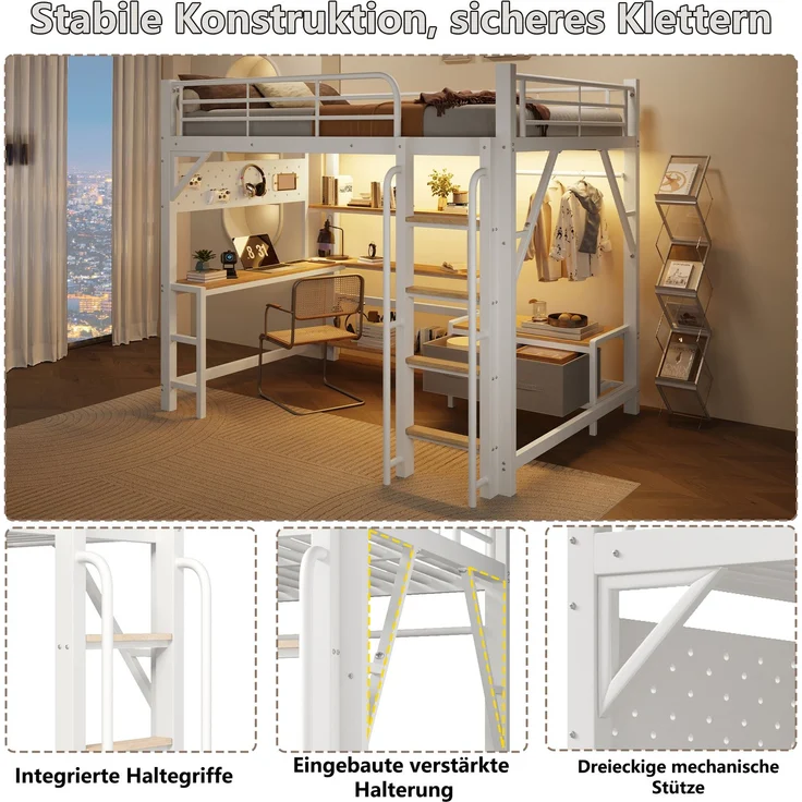 Hochbett, 140x200 cm, Eisenrahmen, Lochwand, mehreren Regalen,Stoffschubladen , Schreibtisch, mit USB-Anschluss, icherheitsgeländer, Aufhängestange,mit LED-Lichtleiste, ohne Matratze,Weiß – Bild 9