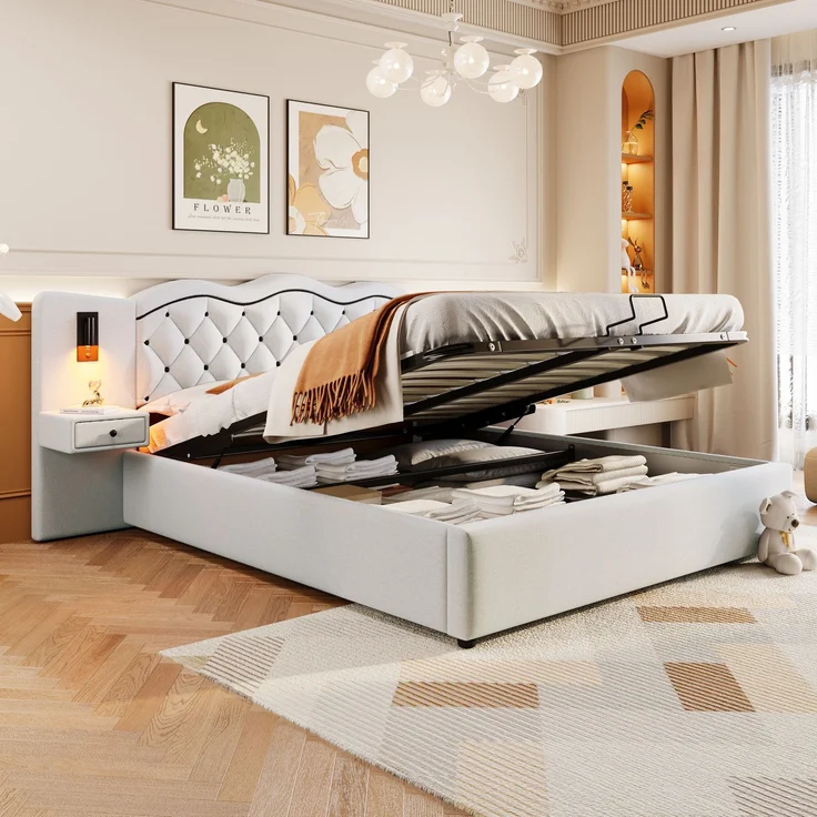 Polsterbett 180x200 cm, Doppelbett mit hydraulischem Hebemechanismus und Stauraum, integriertes Kopfteil mit Beleuchtung,Beige – Bild 5