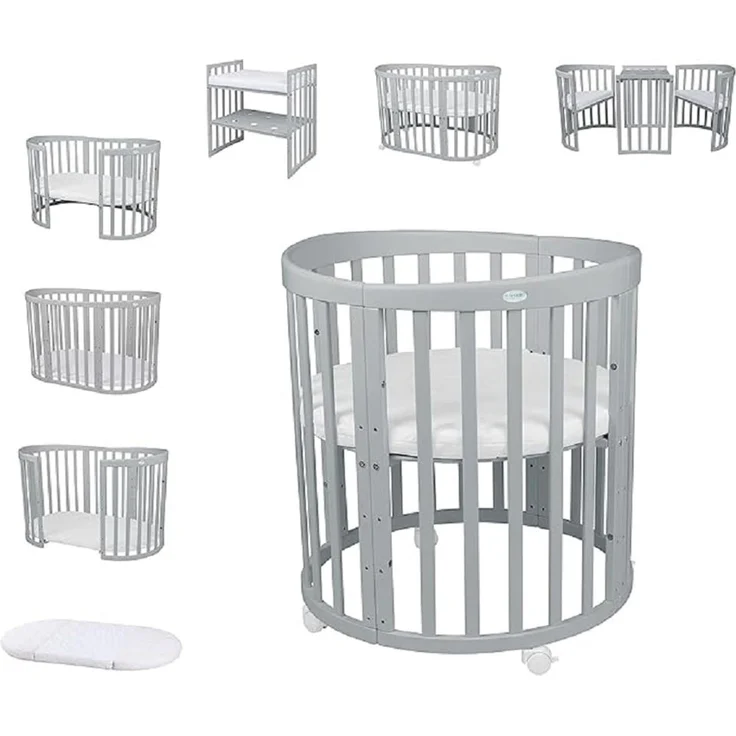 Waldin Oval Babybett Mitwachsend Komplett Set 7in1 - Grau Baby Gitterbett mit Matratze - Babybetten mit Wickelkommode - Baby Bett mit Rollen - Mitwachsendes Kinderbett - Baby Bed - Beistellbett Holz