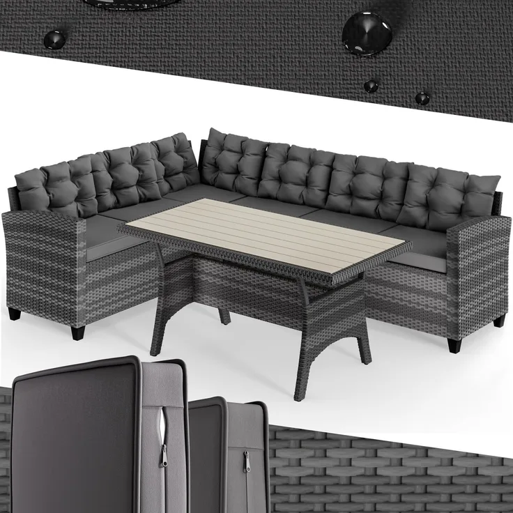 CASARIA® Polyrattan Ecklounge mit WPC Tisch Grau