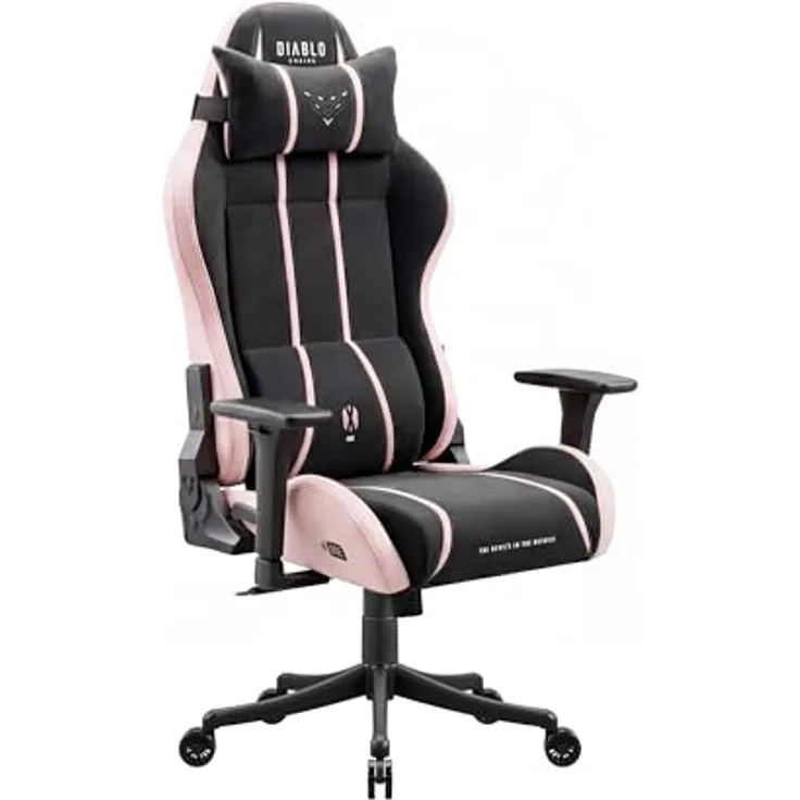 Diablo Gaming Stuhl ergonomisch Stoff Kinder Jugend Drehstuhl mit Lendenkissen Kopfstütze 3D Armlehnen verstellbar bis 140 Grad Bürostuhl klein Akira Pink