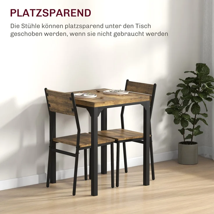 MELAYR, 3-teilige Essgruppe, Esstisch-Set, 1 Tisch, 2 Stühle, MDF+Metall, Braun, 60 x 60 x 76 cm, Rustikal-Braun – Bild 6