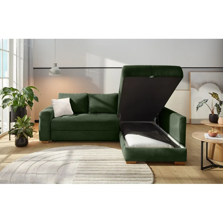 Ecksofa-Dauerschläfer Boxspring Federkern-Couch Topper Bettkasten in Cord Grün – Bild 3