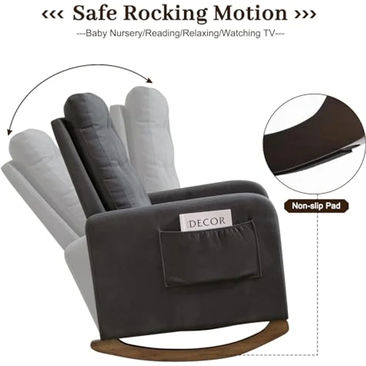 GarveeHome Gepolsterter Schaukelstuhl Mit Stoffbezug, Lesesessel Mit Seitentasche, Loungesessel Mit Hoher Rückenlehne Und Holzbeinen, Für Wohnzimmer Und Schlafzimmer, 66 x 65 x 86 cm – Bild 4