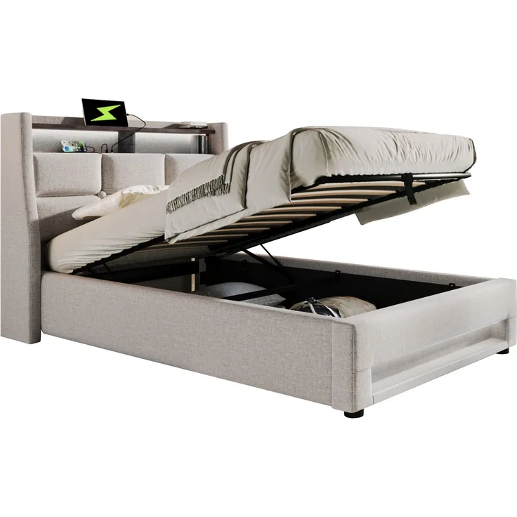 Polsterbett 90x200 cm Einzelbett mit LED-Beleuchtung, USB-Ladestation, Lattenrost und Stauraum, Leinen, Beige