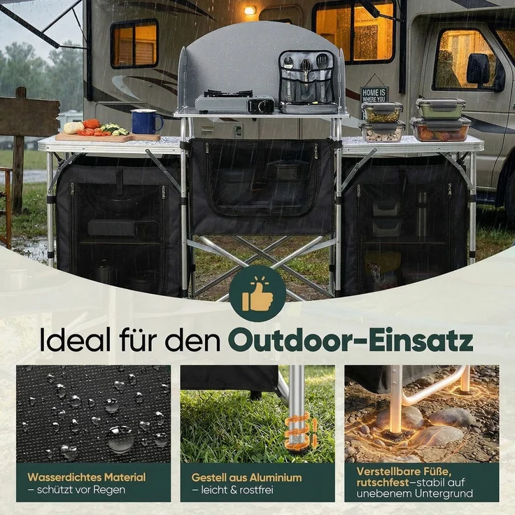 Sekey Campingschrank XXL Faltbar Campingküche mit Aluminiumgestell inkl. Windschutz und Tragetasche, Schwarz – Bild 5