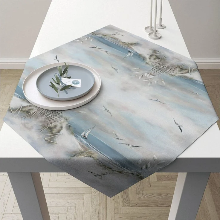 Ambiente Luxury Paper Products Tischläufer, Tischdecke Baumwolle 90x90cm mit Möwen und Küsten Motiv Grau