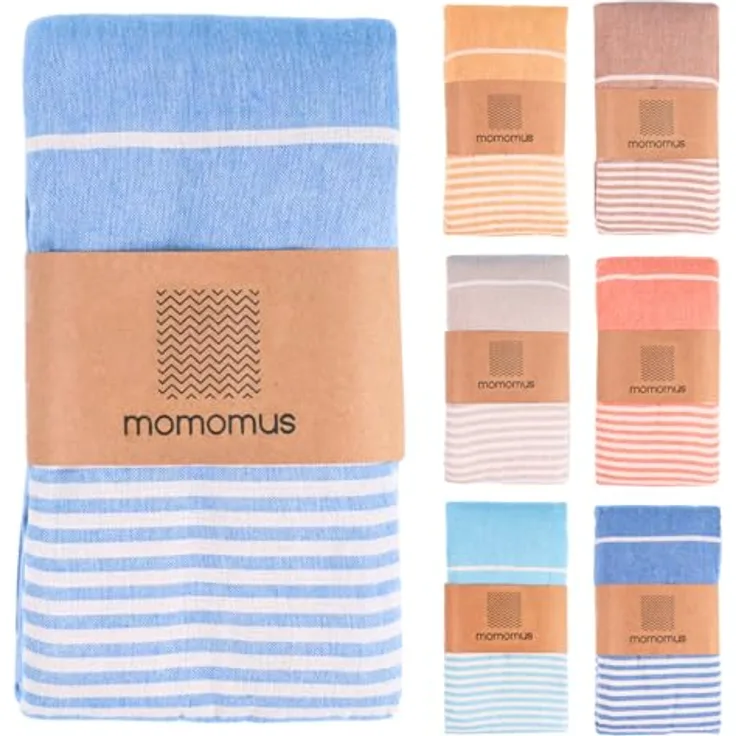 MOMOMUS Fouta XXL, Sandfrei, 100% Baumwolle, handgewebt, mit Fransen, hellblau, 210x240 cm