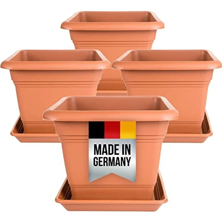 Centi Pflanzkübel Blumentopf Gross mit Untersetzer, Pflanzkübel Groß Außen (Set, 4 St, eckig 28x28 cm, Terracotta), Pflanzkübel Kunststoff, Blumenkübel Pflanztöpfe Blumentöpfe