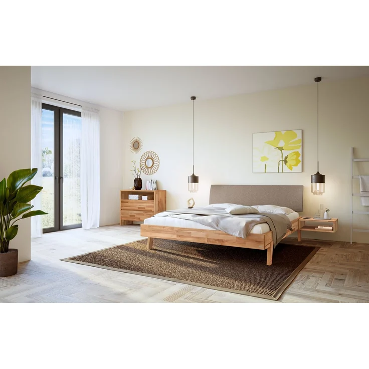 Hasena Massivholzbett Lorenzo Kernbuche mit Polster-Kopfteil, Bezug Pace Sand 140x210 cm, Komforthöhe 25 cm – Bild 2