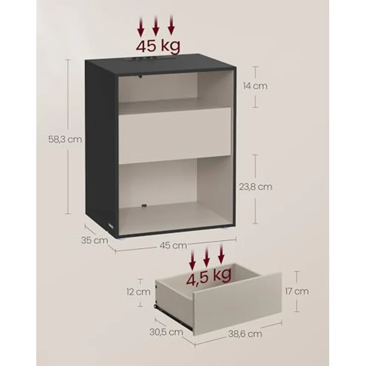 VASAGLE Nachttisch 2er Set, superschnelle werkzeuglose Montage, Toolless-Technologie, Beistelltisch mit Ladefunktion, Nachtschrank mit Schublade, Schlafzimmer, tintenschwarz-cappuccinobeige – Bild 2