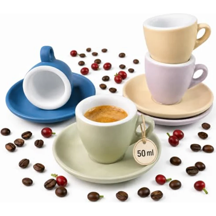 MUVELL Espressotasse Espressotassen 4er Set mit Untertassen, 50ml, Porzellan matt, 4-tlg, Porzellan, verschiedene Farben, Barista-Design, dickwandig, Soft-Touch – Bild 1