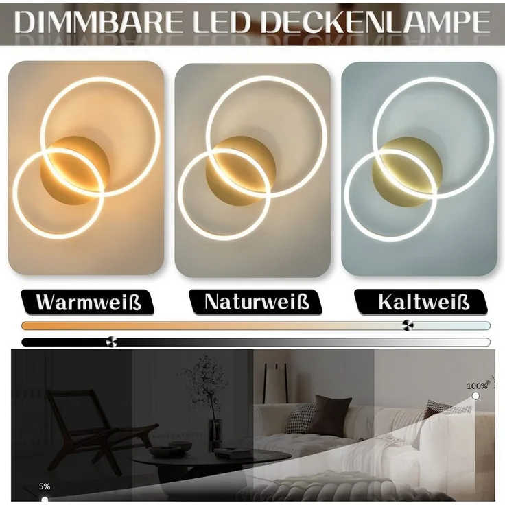 Nettlife LED Deckenleuchte Gold / Silber / Schwarz Wohnzimmerlampe Modernes Dimmbar 59 cm, LED fest integriert, Geeignet für Wohnzimmer, Schlafzimmer, Küche, Esszimmer, Büro