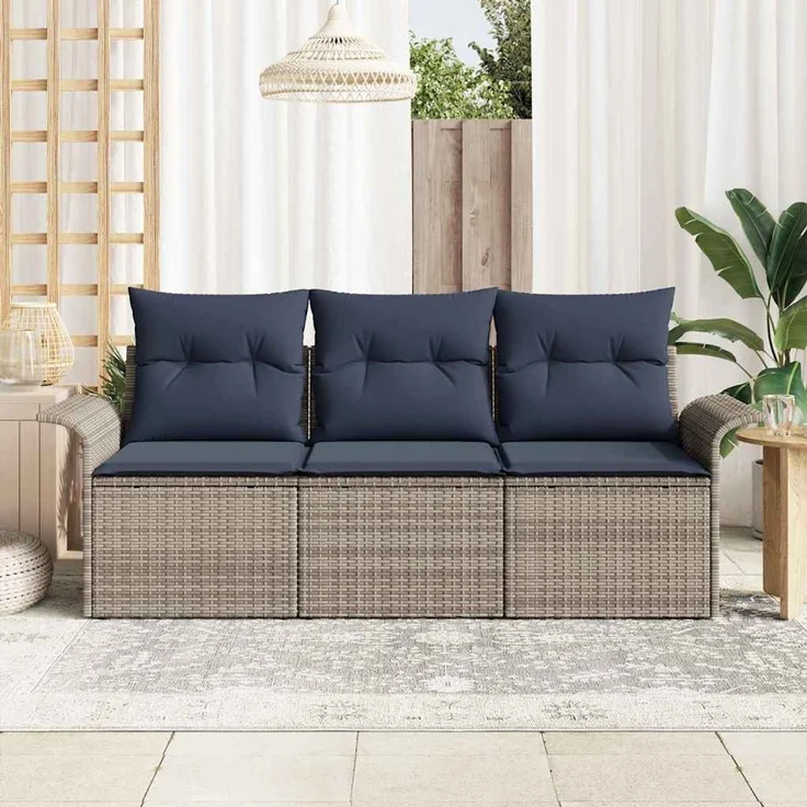 vidaXL Garten-Sofa-Set mit Kissen mit Speicher 3 pcs Grau Poly Rattan 3353894 – Bild 3