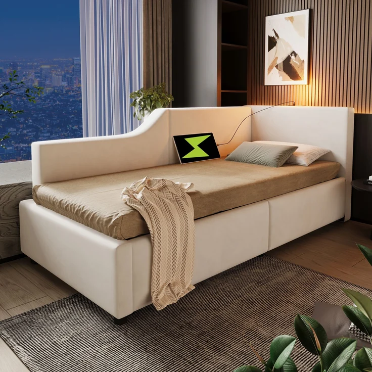 Tagesbett, Samt mit Stauraum & Leselampe, 213x70,5x98 cm, Beige, ohne Matratze – Bild 3