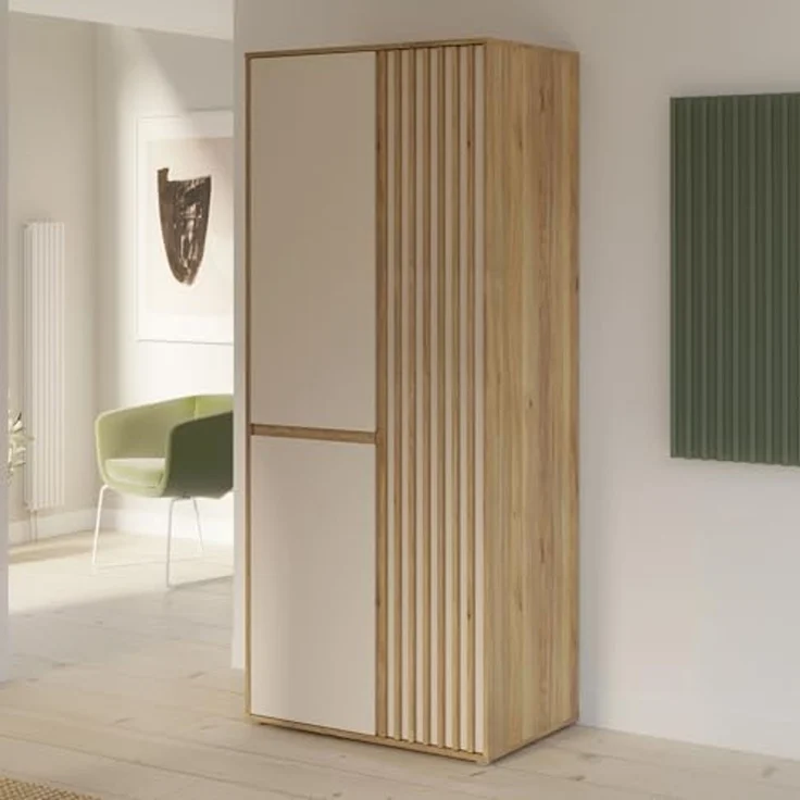 Forte ELISTON Kleiderschrank 80 90, moderner Kleiderschrank mit Lamellendesign, 2-türig, Holzwerkstoff, Schlafzimmer, Mauvella Eiche Holzdekor|Kashmir Beige, 84 cm breit x 200,1 cm hoch x 54 cm tief – Bild 1