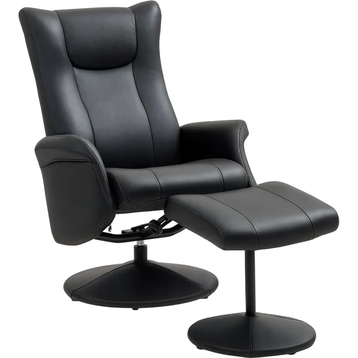 MELAYR, Chefsessel mit Hocker, Lederoptik, drehbar, verstellbare Lehne, bis 150 kg, Schwarz, 79 x 70 x 105 cm