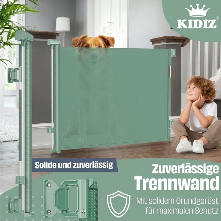 KIDIZ® Treppenschutzgitter Türschutzgitter ausziehbar bis 140/180cm | kindersicheres Treppengitter für Babys & Haustiere | Schutzgitter Treppen & Türen Absperrgitter inkl. Bodenanker & Montagezubehör Dunkelgrün, 0-140cm – Bild 4