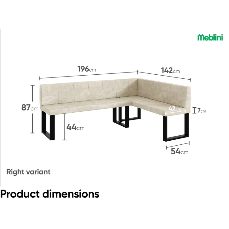 MEBLINI Eckbank für Esszimmer - Küchenbank - Essecke - Sitzecke Küche - PETER - U-Beine 142x196x87cm Rechts - Creme Samt – Bild 7