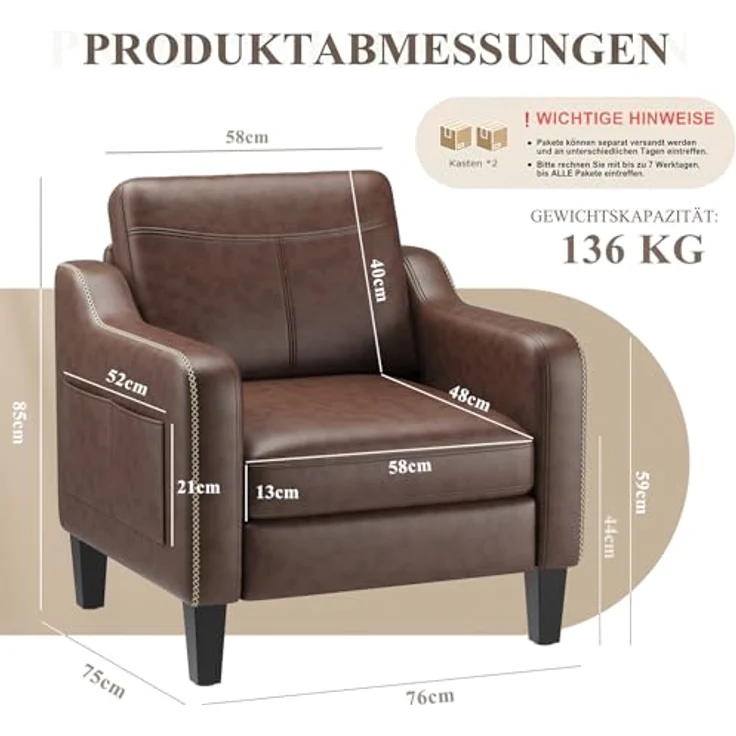 MALOL Sessel Wohnzimmer 2er Set, Ohrensessel Wohnzimmer, Polstersessel Fernsehsessel mit Armlehnen Einzelsofa, Fernsehsessel Relaxsessel，Lesesessel für Wohnzimmer Büro Schlafzimmer, Schokoladenbraun – Bild 2