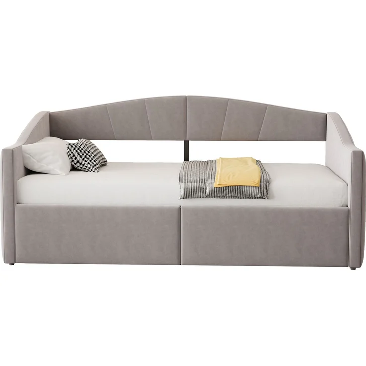 Polsterbett Sofabett 90*200 cm, Mit hydraulischer Lagerung, Mit Lattenrost und Armlehnen, Klassisch Gestreift, Multifunktionales Einzelbett, Hautfreundlicher Samtstoff, Hellgrau – Bild 5