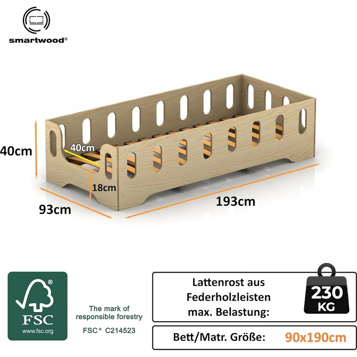 smartwood Kinderbett Bodenbett 90x190 mit Rausfallschutz & Lattenrost - Blau - Kinder Montessori Bett TILA 2B mit glatten Kanten - Betten für schnelle Montage - Bis 230 kg belastbar – Bild 2