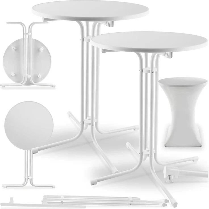 tectake® Gastro 2er Set Stehtisch klappbar, Bistrotisch mit Husse, Tisch Ø80cm, Stehtisch mit MDF-Tischplatte, Gartentisch klappbar, Klapptisch, rund, Stahlgestell, stabil und robust - weiß, 2er Set – Bild 1