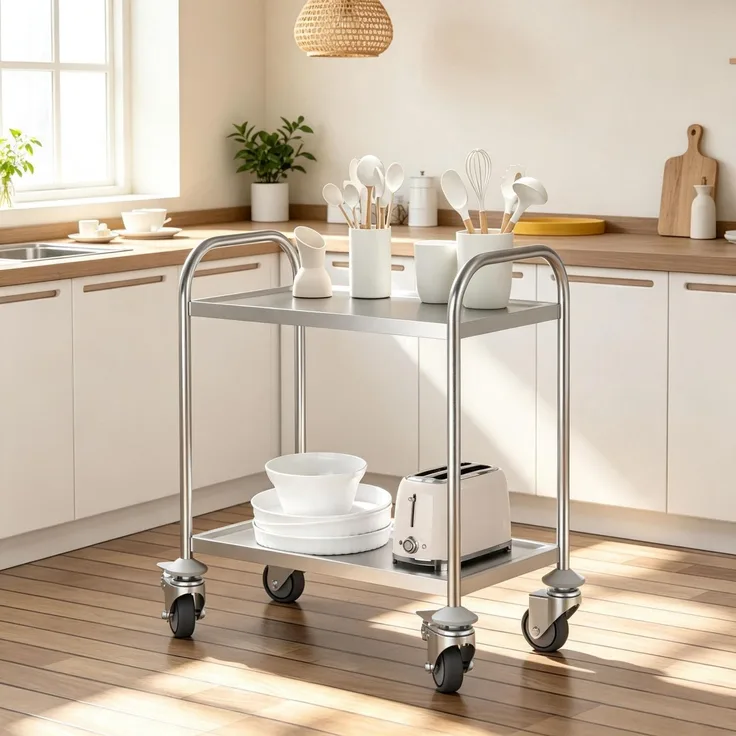 Küchenwagen 80 x 45 x 82 cm aus verchromtem Edelstahl mit 2 Ablagen und Rollen