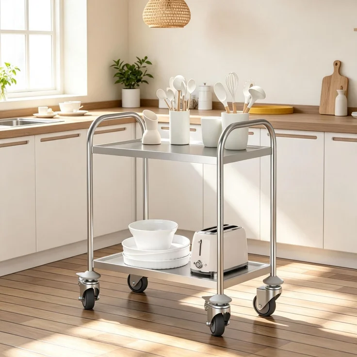Küchenwagen 80 x 45 x 82 cm aus verchromtem Edelstahl mit 2 Ablagen und Rollen – Bild 1